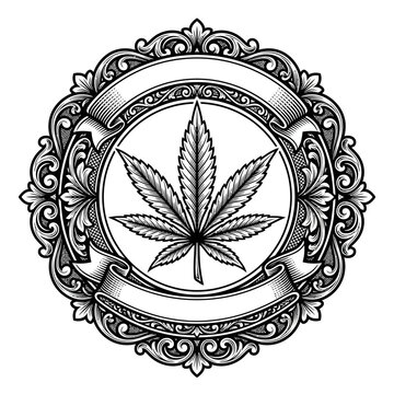 Ornate Cannabis Leaf in Decorative Frame Design.