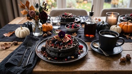 Fototapeta premium Sophisticated Halloween Brunch with Charcoal Waffles, Black Coffee, and Autumn Decor