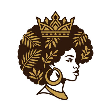 Afro hairstyle with golden crown and earrings illustration.