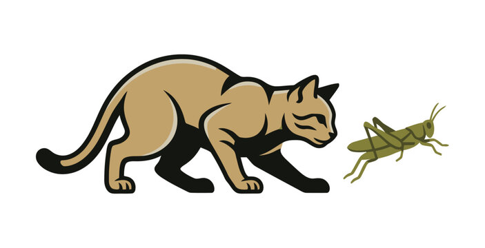 Cat Stalking Grasshopper Vector Illustration