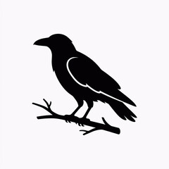 Fototapeta premium Black crow perched on bare branch in silhouette. Dark bird outline against bright white backdrop for graphic design.