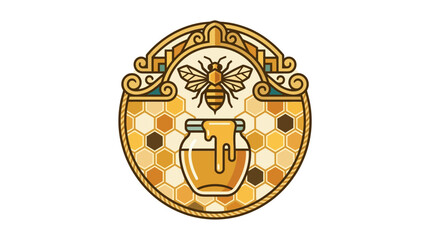 Obraz premium Honey Bee and Jar in Ornate Circular Design.