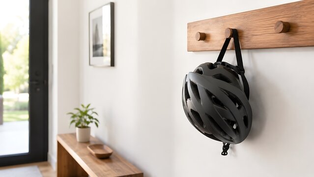 A black bicycle helmet hanging on a wooden wall hook in a modern bright home entryway