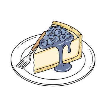 Blueberry cheesecake slice on plate hand drawn vector with blueberry cheesecake delicious illustration isolated background culinary catering delicacy