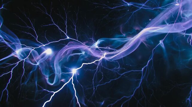 Abstract glowing electric waves with neon light effects in fluid style on dark backdrop, concept of energy flow and power