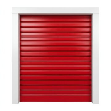 Bright red metal roller shutter door in modern industrial building entrance