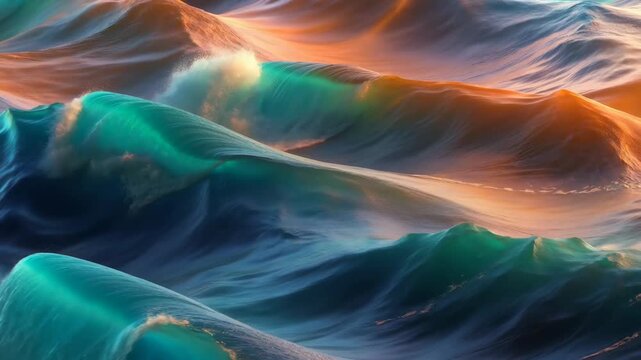 Colorful ocean waves in a painterly style on a glowing seascape background, conveying nature beauty and dynamic motion