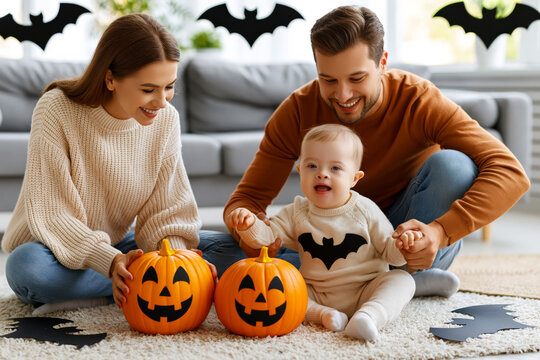 Parents with their baby boy who has down syndrome smiling at jack o lantern pumpkins on a cozy rug.