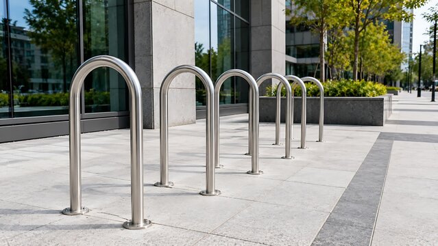 Empty metal bicycle racks installed on a modern city sidewalk outside of a corporate office building