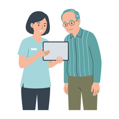 Fototapeta premium Caregiver showing a tablet screen to an elderly man in a healthcare setting