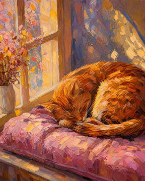 Expressive Post Impressionism Sleeping Cat for International Cat Day Art Print