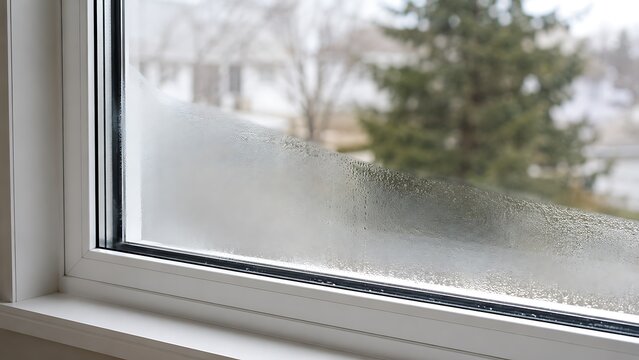 A view through a frosted window pane looking out at a snowy winter landscape with evergreen trees