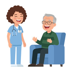 Fototapeta premium Happy elderly man laughing and chatting with a friendly nurse in a care center