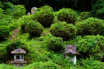 Naklejka premium Peaceful Zen Temple Grounds in Yamagata Japan, Harmony of Nature and Ancient Stone Structures, Wabi-Sabi Landscape for Mindfulness and Forest Bathing Healing Concepts