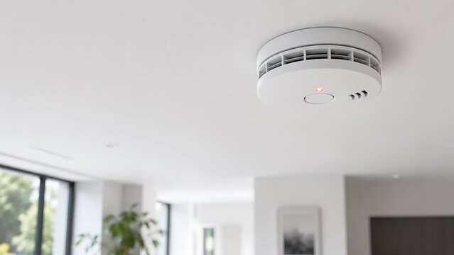 A white smoke detector mounted on a modern home ceiling for fire safety and home protection