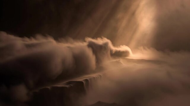 Soft swirling clouds lit by warm rays in atmospheric style on a dark background, evoking serenity and mystery