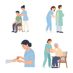 Nurse and healthcare worker assisting patients in various medical and daily care situations