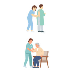 Fototapeta premium Nursing staff caring for patients, helping an elderly woman and a doctor dressing a gown