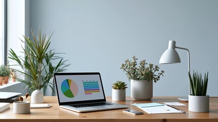 Fototapeta premium Wooden desk with a laptop on it. the laptop screen displays a colorful pie chart with different shades of pink, blue, green, and yellow.