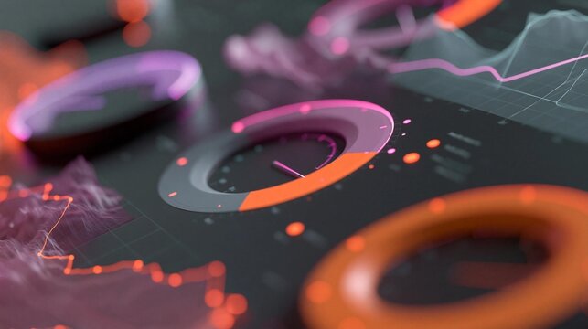 Close-up of a black surface with various graphs and charts on it. the graphs are in different colors - pink, orange, and purple - and are arranged in a circular pattern.