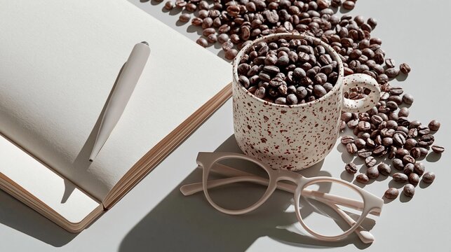 White mug with a speckled pattern on it, filled with coffee beans. next to the mug, there is an open notebook with a pen resting on top of it.