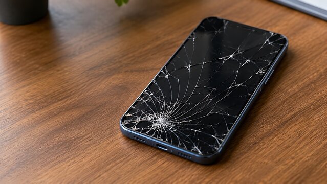 A broken smartphone with a shattered screen lying on a wooden table surface in a workshop