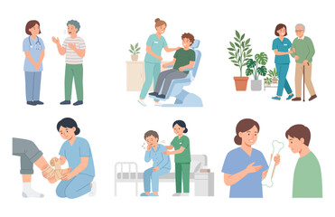 Fototapeta premium Set of flat design vectors illustrating healthcare workers and patients in various scenes