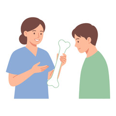 A female nurse or doctor explaining bone health to a young patient with an illustration