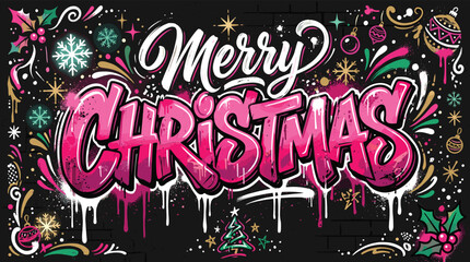 Graffiti Merry Christmas typography vector, urban street art holiday background, pink spray paint lettering with snowflakes and ornaments © Iconify Studio
