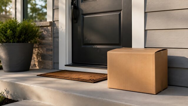 A cardboard delivery box sitting on the front porch of a modern house waiting for the homeowner
