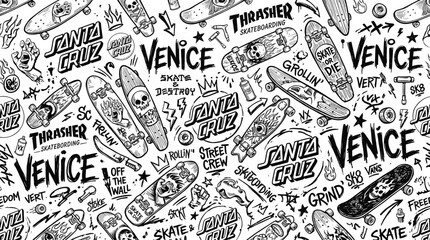 Fototapeta premium Skateboard culture seamless pattern, hand drawn urban graffiti background, black and white street style skate graphics for apparel