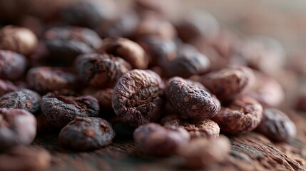 Fototapeta premium Close-up of a pile of coffee beans. the beans are dark brown in color and appear to be freshly roasted. they are arranged in a scattered manner, with some overlapping each other.