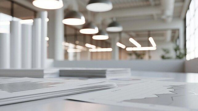 Modern office space with a long table in the foreground. on the table, there are several stacks of papers with graphs and charts on them.