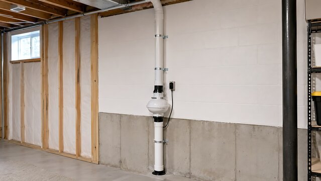 A residential basement interior featuring a radon mitigation system pipe installed against a concrete foundation wall