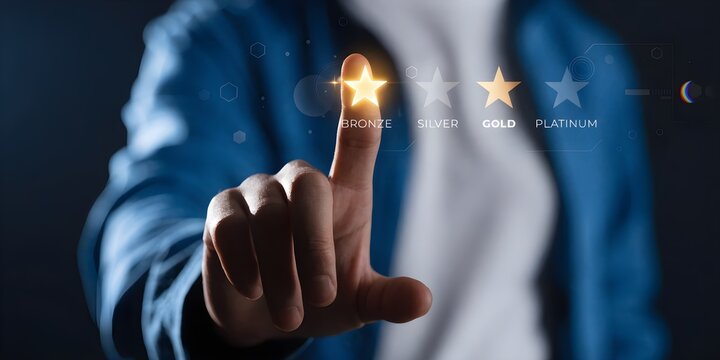 Person's finger touching a glowing gold star on a rating scale