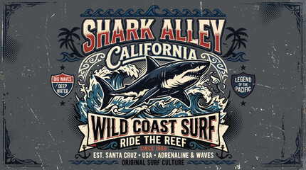Vintage shark surf t-shirt design, retro California wild coast surf illustration, nautical ocean wave shark alley poster art © Iconify Studio