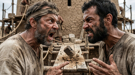 Fototapeta premium The confusion of languages at the Tower of Babel. Ancient builders suddenly unable to understand each other, abandoning the massive project