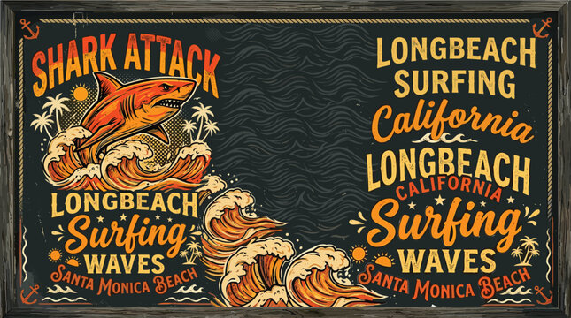 Vintage shark attack surfing vector illustration, retro California beach surf waves poster, nautical ocean adventure graphic for t-shirt design