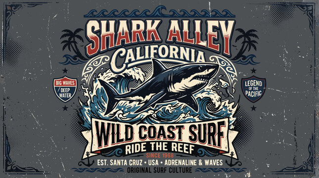 Vintage shark surf t-shirt design, retro California wild coast surf illustration, nautical ocean wave shark alley poster art
