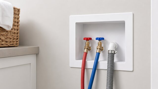 A recessed washing machine outlet box with hot and cold water supply valves and a drain pipe