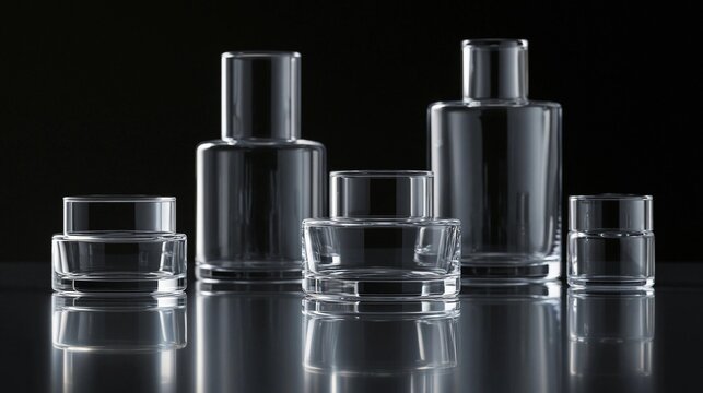 Group of five glass bottles and a small glass jar on a black surface. the bottles are of different sizes and shapes, with the largest one in the center and two smaller ones on either side.