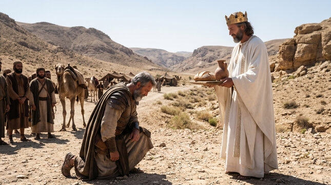 Abraham and Melchizedek meeting in the ancient King's Valley. The mysterious King of Salem offering bread and wine