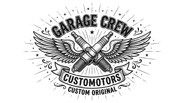 Vintage Garage Crew Custom Motors Emblem, Retro Spark Plug Vector Illustration with Wings, Monochrome Automotive Shop Logo Design