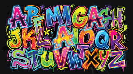 Graffiti alphabet vector set, colorful street art letters on black background, urban typography font for hip hop posters and apparel design © Iconify Studio