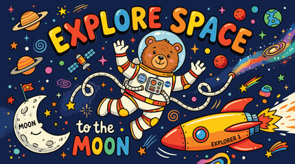 Obraz premium Cute astronaut bear in outer space vector, explore space to the moon cartoon illustration, cosmic galaxy background with rocket and planets