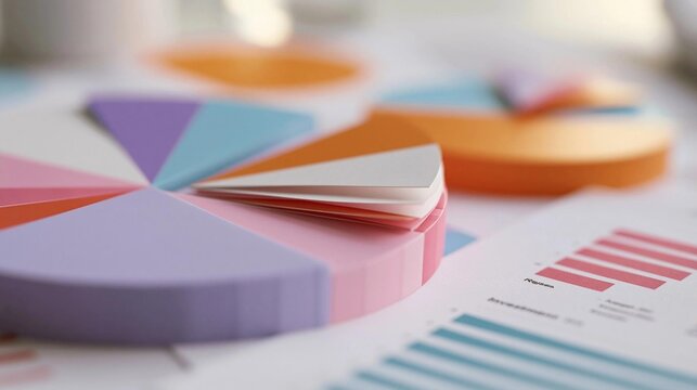 Close-up of a colorful pie chart on a desk. the pie chart is made up of multiple sections in different colors, including pink, purple, orange, and blue.