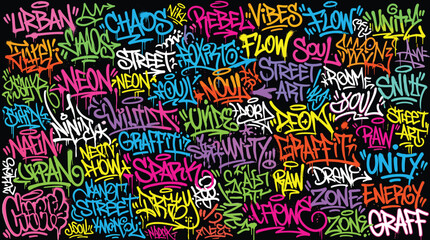 Graffiti street art background with neon hand drawn tags, urban subculture typography pattern, vibrant spray paint wall mural vector © Iconify Studio