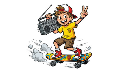 Retro cartoon skater boy vector, cool teenager riding skateboard with boombox, vintage 90s urban street style character with peace sign © Iconify Studio