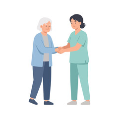 Obraz premium Nurse holding hands with an elderly woman patient to show care, support, and empathy in a flat vector illustration