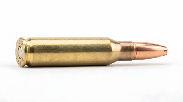 Single rifle cartridge on white background. Brass ammunition bullet for hunting or sport.